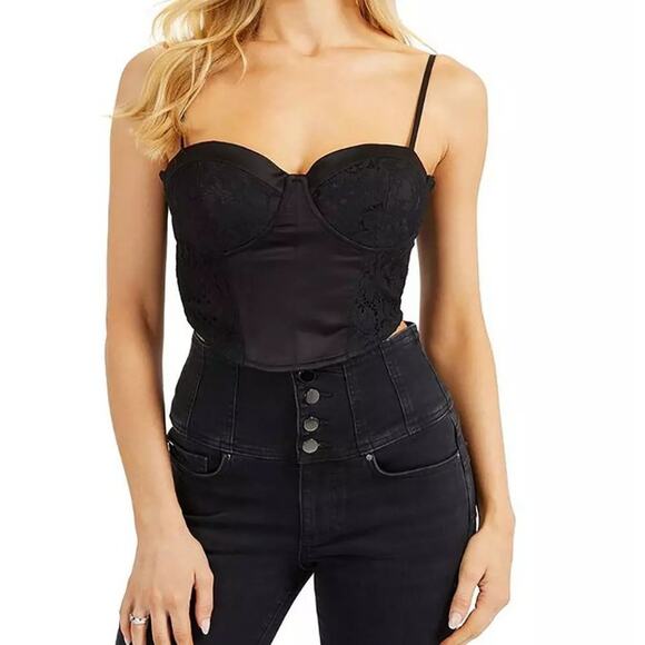 Guess Jet Black Gothic Party Sweetheart Cropped Kessa Lace Bustier Top XS NWT - Picture 1 of 15